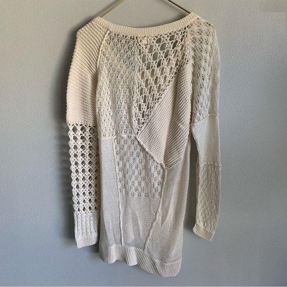 Sundance linen cotton crochet patchwork scoop neck knit sweater cream size large - Picture 2 of 5